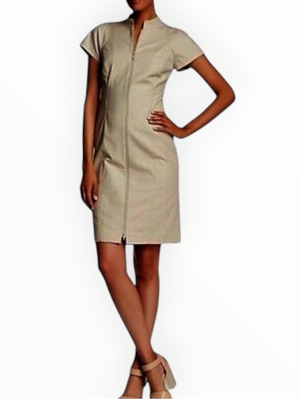 LAFAYETTE 148 New York Short-Sleeve Zip-Front A-Line Dress Light Taupe 8 Work